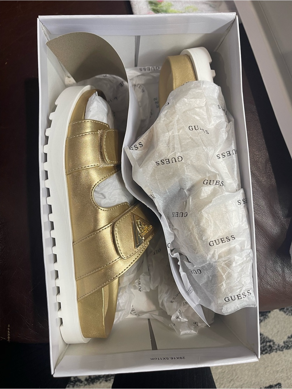GUESS Gold Metallic Velcro Platform Sandals with White Sole